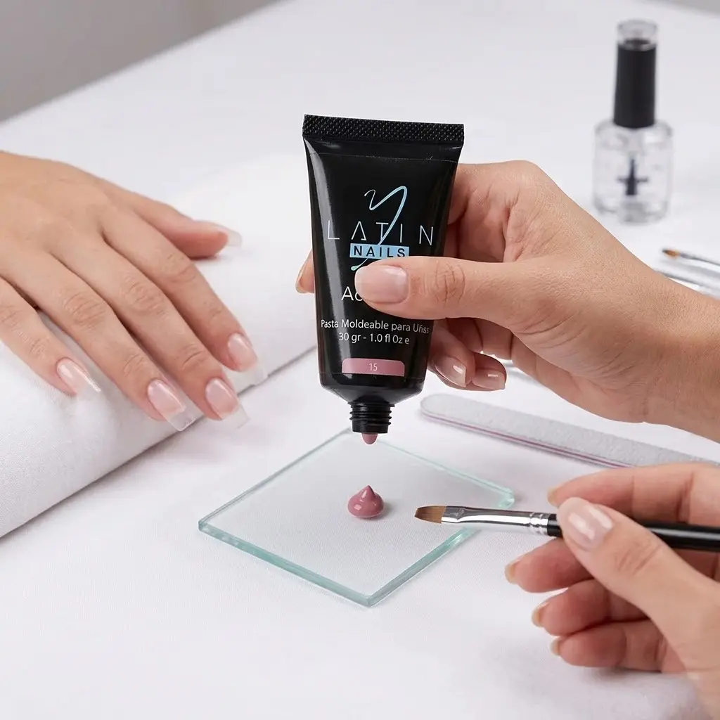 Aplicación de Acrygel Latin Nails 30 ml color rosa terracota suave para construcción y extensión profesional de uñas