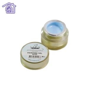 Gel de construcción para uñas color azul translúcido en envase tipo tarro para manicure profesional