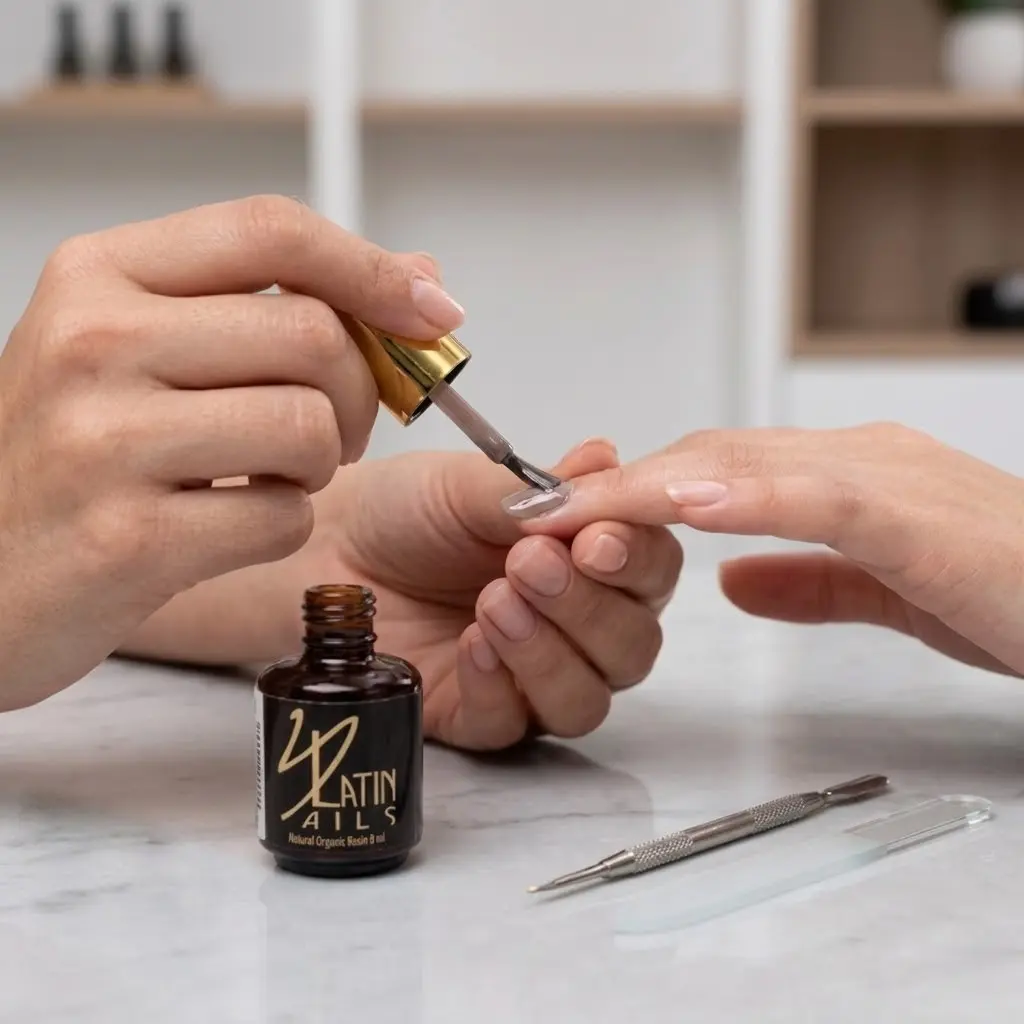 Aplicación de esmalte gel Latin Nails 8 ml referencia 1599 color malva grisáceo sobre uñas con acabado brillante y cobertura uniforme