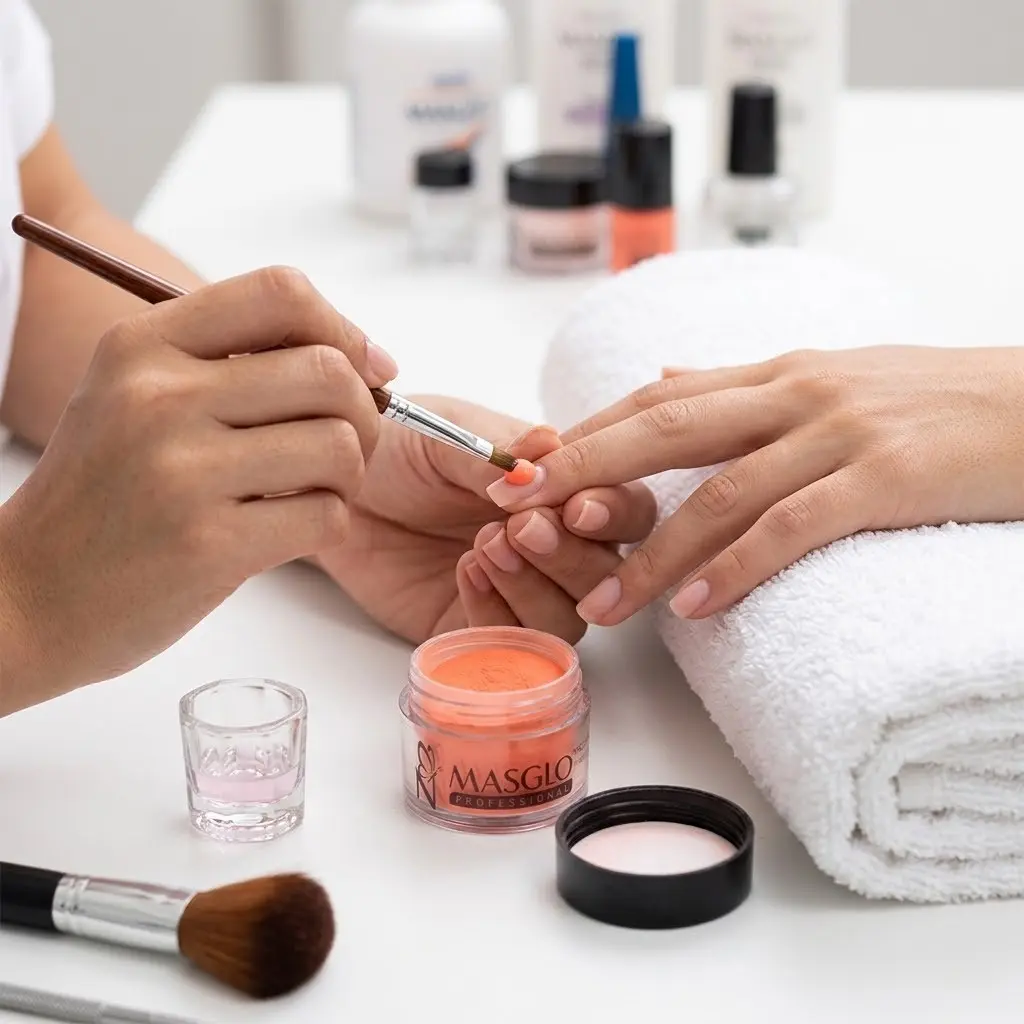 Aplicación de polvo acrílico Masglo color neon naranja sobre uñas para diseño y construcción profesional de manicure acrílico