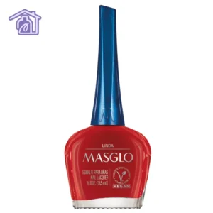 Esmalte tradicional rojo brillante de Masglo con tapa azul sobre fondo blanco
