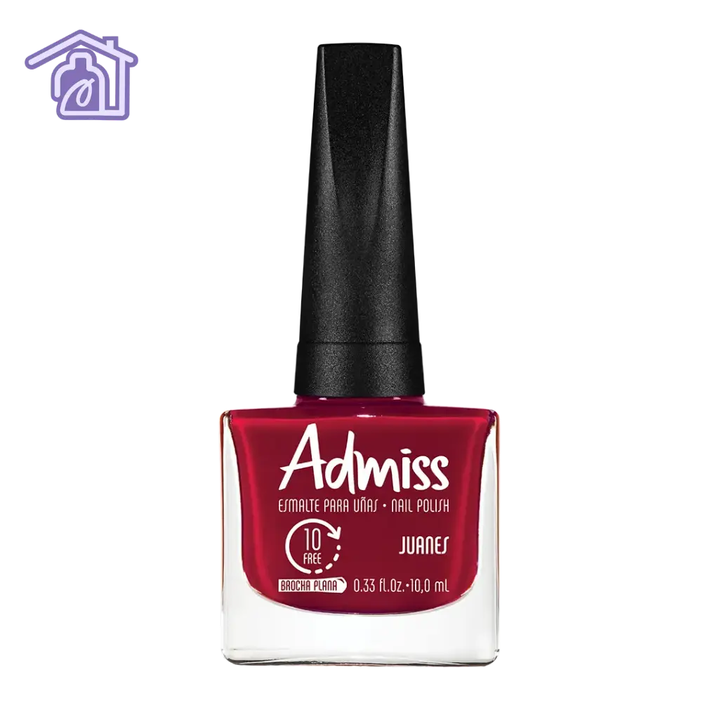 Frasco de esmalte de uñas Admiss línea tradicional color Juanes de 10 ml con acabado cremoso de la gama rojo.