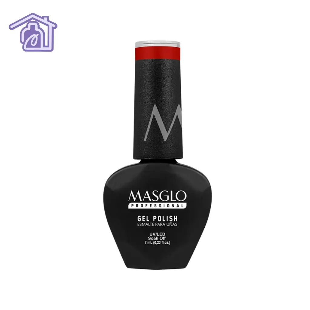 Esmalte semipermanente Masglo Linda color rojo cereza intenso en gel polish de acabado brillante.