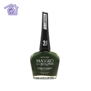 Frasco de esmalte de uñas Masglo Gel Evolution color Abrumadora de 13,5 ml con acabado cremoso de la gama verde.
