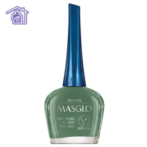 Frasco de esmalte de uñas Masglo línea tradicional color Activista de 13,5 ml con acabado cremoso de la gama verde.