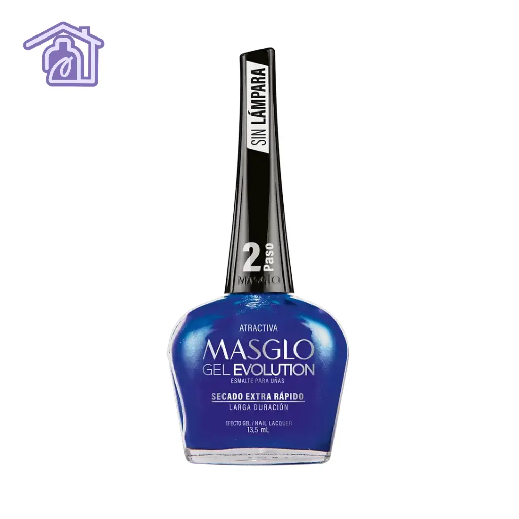 Frasco de esmalte de uñas Masglo Gel Evolution color Atractiva de 13,5 ml con acabado perlado de la gama azul.