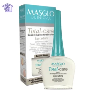Frasco de Base Clinical Ejecutiva Total Care de Masglo de 13,5 ml, base recuperadora para uñas maltratadas con un sutil matiz de la gama blanco.
