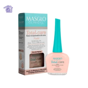 Frasco de Base Clinical Total Care de Masglo de 13,5 ml, base recuperadora para uñas maltratadas con un sutil matiz de la gama nude.