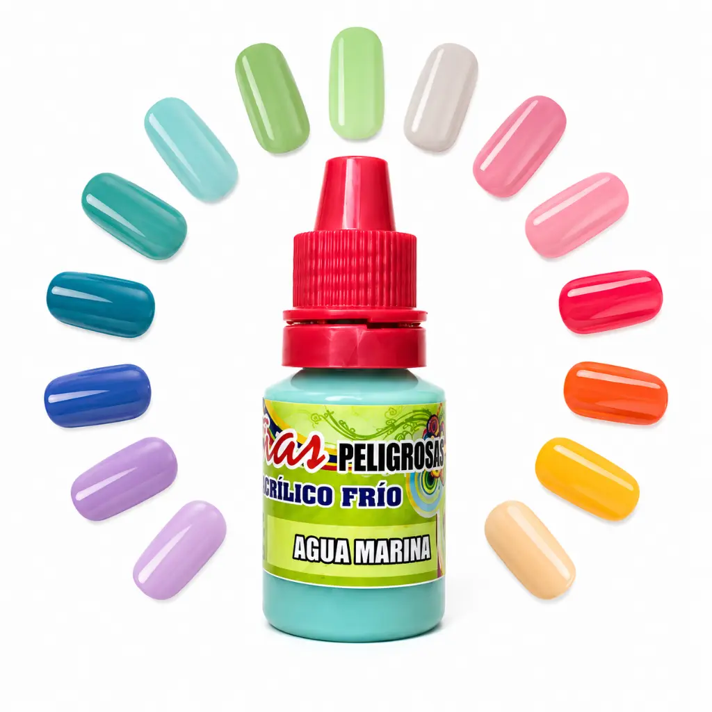 Portada de acrílico frío Uñas Peligrosas con muestra de colores disponibles y envase original sobre fondo blanco de estudio.
