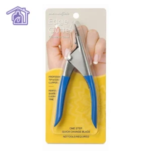 guillotina metalica para unas krismar en acero inoxidable con mangos de color azul en empaque blister