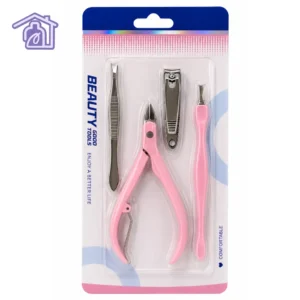 juego de manicura 4 piezas rosado con alicate cortacuticula cortaunas y pinza de depilar en empaque protector