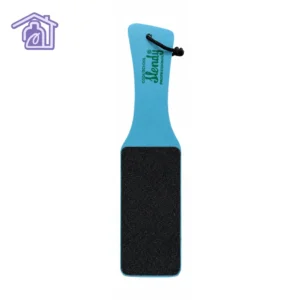 pala grande para pedicura marca slendy de madera y fomi con lija abrasiva oscura y cordon para colgar