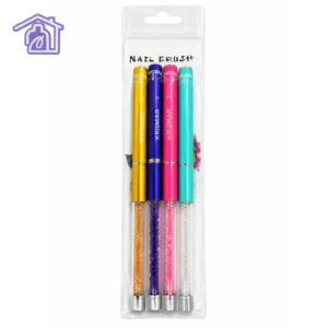 set de 4 pinceles liner para nail art marca krismar con mango transparente lleno de cristales