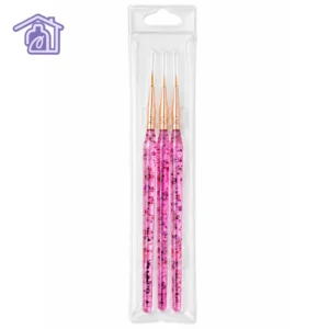 set de 3 pinceles liner para nail art con mango acrilico rosado transparente y virola dorada