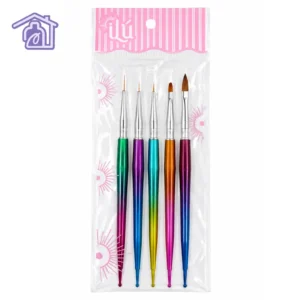 set de 5 pinceles marca ilu doble punta con dotting tool y mangos metalicos en degrade