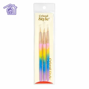 set de 3 pinceles liner para nail art marca cristal style con mango en degrade arcoiris rosa amarillo azul y lila