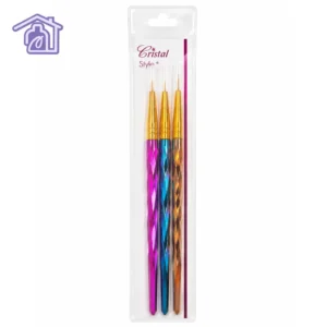 set de 3 pinceles liner para nail art marca cristal style con mango facetado estilo diamante en colores fucsia azul y dorado