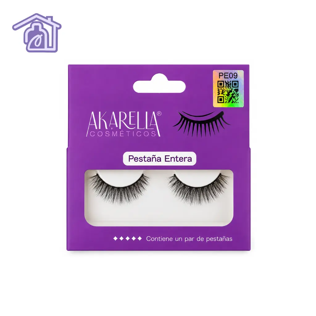 caja de pestanas postizas enteras marca akarelia cosmeticos referencia pe09 empaque morado