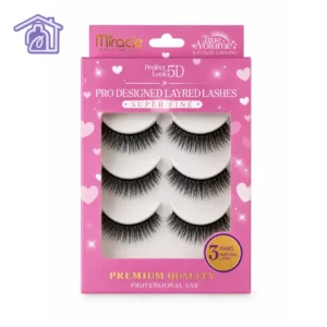 caja rosada con 3 pares de pestanas postizas marca miracle 5d true volume pro designed layered lashes super fine