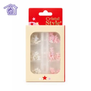 estuche de 6 divisiones con apliques de moños 3d para decoracion de unas en tonos blanco y rosado marca cristal style