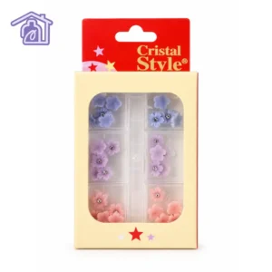 estuche de 6 divisiones con apliques de flores 3d en tonos pastel con cristal central marca cristal style para decoracion de unas