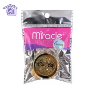empaque de pigmento efecto flakes dorado numero 10 marca miracle beauty expert con aplicador de esponja para decoracion de unas