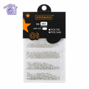 empaque de 4 divisiones con cristales para decoracion de unas mix de tamanos tono cristal ab marca krismar contenido 720 piezas