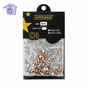 empaque de cristales para decoracion de unas mix de tamanos color plata con base plana marca krismar contenido 1440 piezas