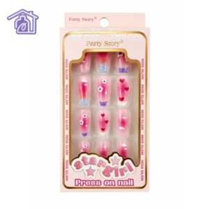 caja de unas postizas press on stargirl marca party story miss glam con diseno decorado de corazones flores y nubes