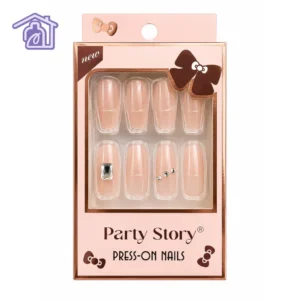 caja de uñas postizas press on reutilizables marca party story color nude suave con cristal grande decorativo y trazados finos en blanco