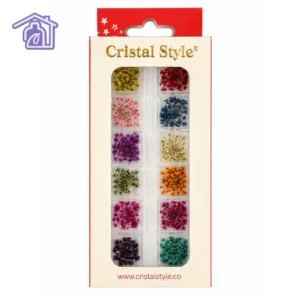 estuche organizador con doce compartimentos de flores secas de naturaleza muerta multicolores para encapsular en uñas marca cristal style