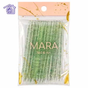 paquete de diez palos de naranjo acrílicos reutilizables con destellos verdes y doble punta marca mara nail art