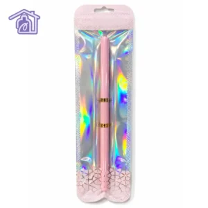 empaque holográfico con un pincel liner doble punta de cuerpo color rosa metalizado y tapas protectoras para decoración de uñas