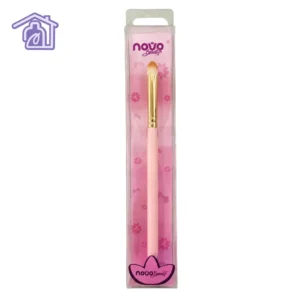 brocha difuminadora de maquillaje color palo de rosa con virola dorada marca novo beauty en empaque individual transparente