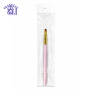 pincel plano para polygel con mango de madera rosado ferula dorada y punta sintética en empaque transparente