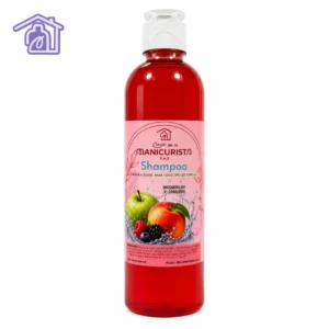 frasco transparente de shampoo formula suave casa de la manicurista sas de 500 ml liquido rojo con etiqueta frutal