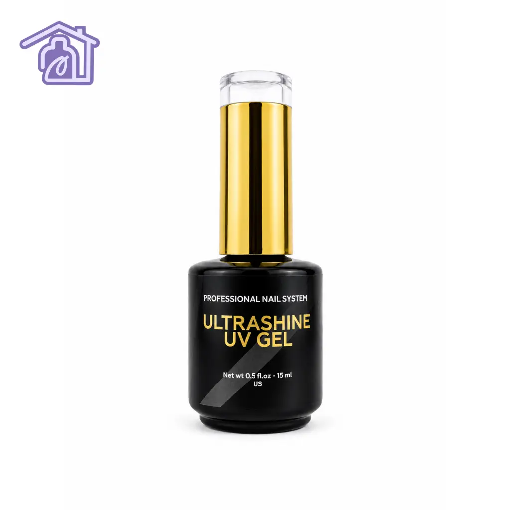 frasco negro con tapa dorada de brillo ultrashine uv gel professional nail system de 15 ml