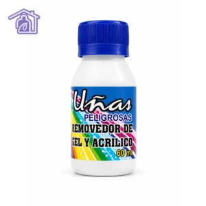 frasco blanco con tapa azul de removedor de gel y acrílico uñas peligrosas de 60 ml