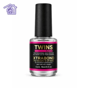 frasco de vidrio transparente con etiqueta negra y rosa de xtrabond no-burn acid-free primer twins nails de 15 ml