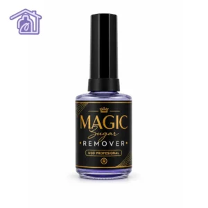frasco de vidrio con líquido morado y etiqueta negra dorada de magic sugar remover uso profesional de 15 ml