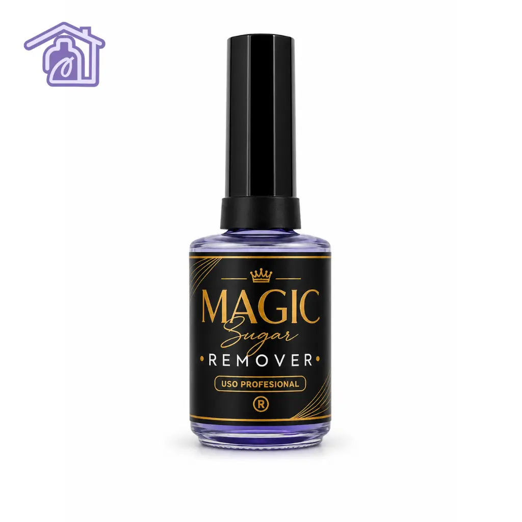 frasco de vidrio con líquido morado y etiqueta negra dorada de magic sugar remover uso profesional de 15 ml