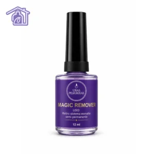 frasco de vidrio con líquido morado y etiqueta violeta de magic remover uñas peligrosas de 12 ml
