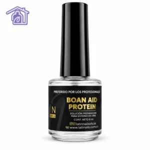 frasco de vidrio transparente con tapa negra y etiqueta negra con dorado de boan aid protein latin nails de 8 ml