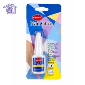 pegante para unas antegu brush on nail glue con brocha en empaque blister azul y amarillo