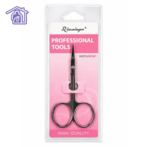 tijeras de acero inoxidable para cuticula marca qiaoninger en estuche transparente con fondo rosado