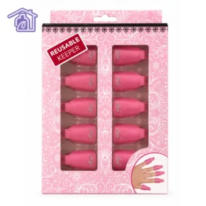 caja rosada con empaque exhibidor de capuchones de silicona rosados marca reusable keeper para uñas