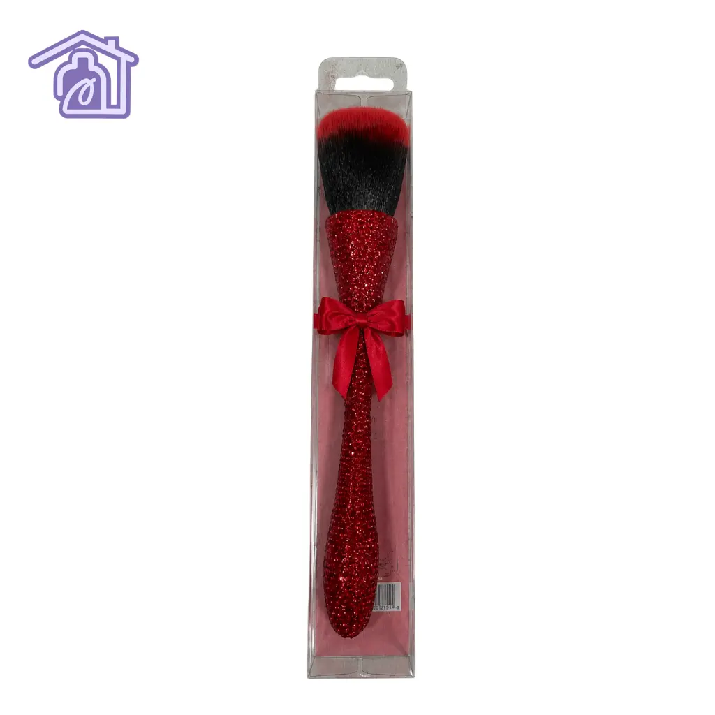 brocha bledo de lujo para unas con mango largo incrustado de pedreria brillante roja moño y cerdas negras con puntas rojas