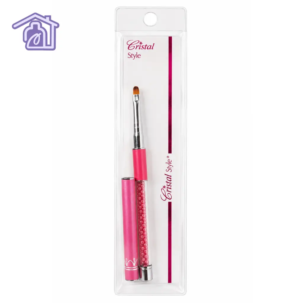pincel lengua de gato para unas marca cristal style con mango transparente de balines rosa y tapa protectora