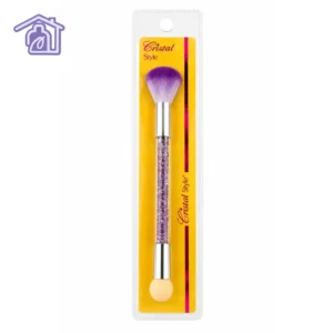 brocha para retirar polvo de unas abanico color morado con mango transparente de pedreria purpura y esponja difuminadora