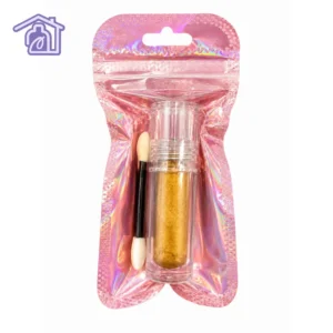 aplique liquido dorado para unas en frasco transparente con aplicador de esponja y empaque metalizado rosado